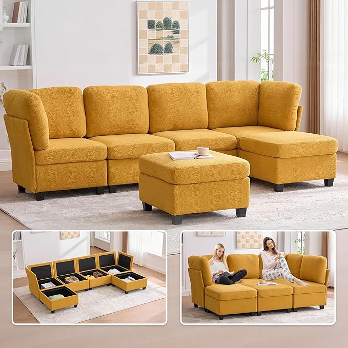 U Shaped Modular Sectional Sofa Couch with Storage Ottoman 6 Seat Convertible Upholstered Deep Seat Sofa with Chaise Lounge Comfy Cloud Couch for Living Room Mustard Yellow