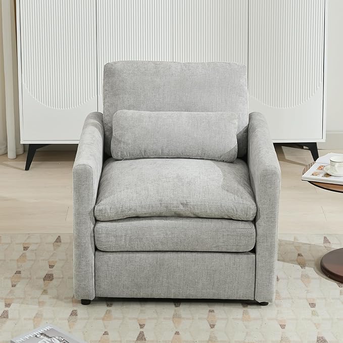 31.9 Oversized Cozy Upholstered Armchair Chenille Fabric Cloud Sofa Double Cushion Single Sofa Plush Cushion Armchair for Living Room Office Apartment (Light Grey-1c)