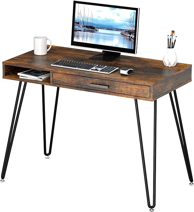 SHW Home Office Computer Hairpin Leg Desk with Drawer Rustic Brown