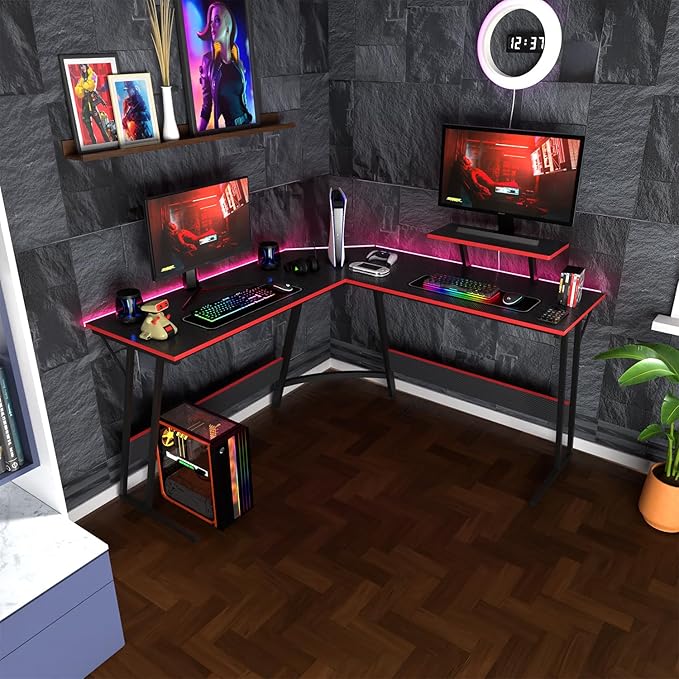 51 inch L Shaped Gaming Desk Computer Desk for Bedroom Black L shaped Desk for GamingHome Office Desks with Detachable Monitor Stand Corner Desk for Small PlaceLargeCarbon FiberBlack desk