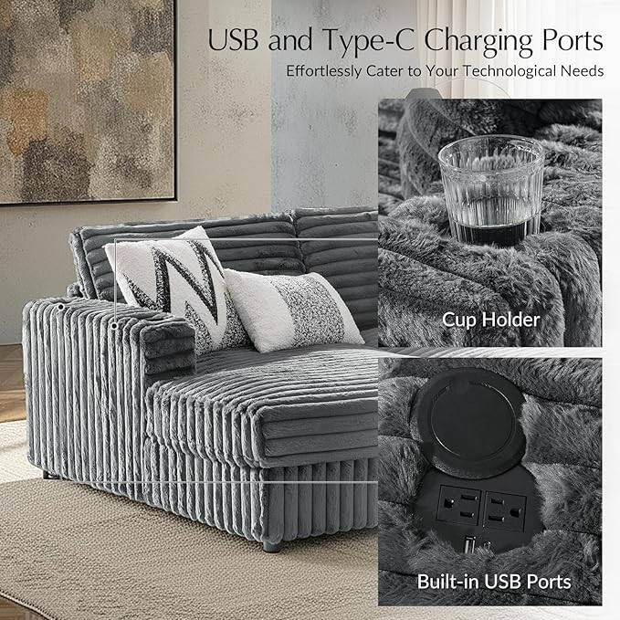 HULALA HOME 88 Double Chaise Lounge Sofa with USB Port and Cup Holder Oversized Cloud Couch with Faux Rabbit Fur Deep Seat Sleeper Sofa Bed for Living Room Bedroom Grey