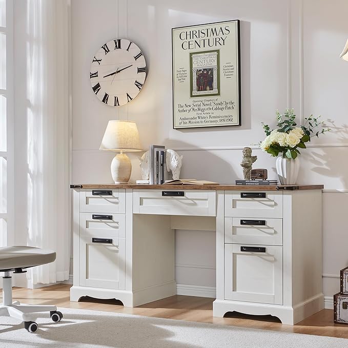 RedLemon 60 Farmhouse Executive Desk with Drawers Wood Home Office Desk w/Charging Station Keyboard Tray File Drawer Storage Cabinet Rustic Computer Writing Desk (Antique White)