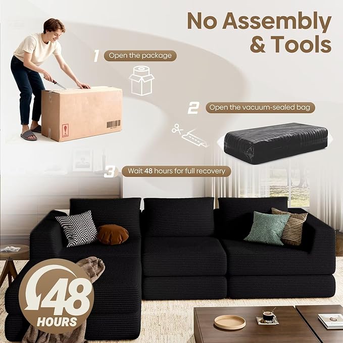 L-Shaped Corduroy Modular Sectional Couch Modern Floor Couch Sofa for Apartment Living Room Convertible Sleeper Sofa Bed with 3 Pillows No Assembly Required Black