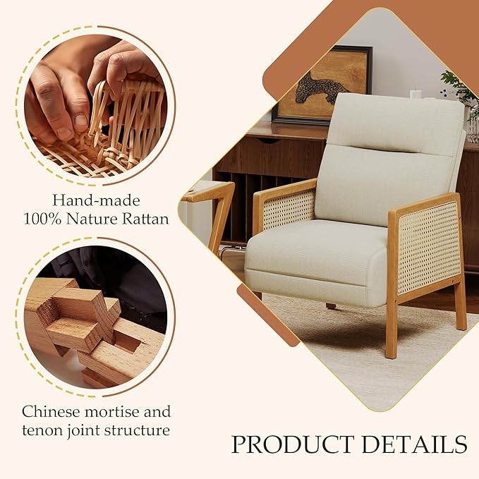 Andeworld Ivory Accent Chairs Set of 2Upholstered Modern Living Room Chairs with Natural Rattan ArmSide Chair for Bedroom Club Balcony Reception Room