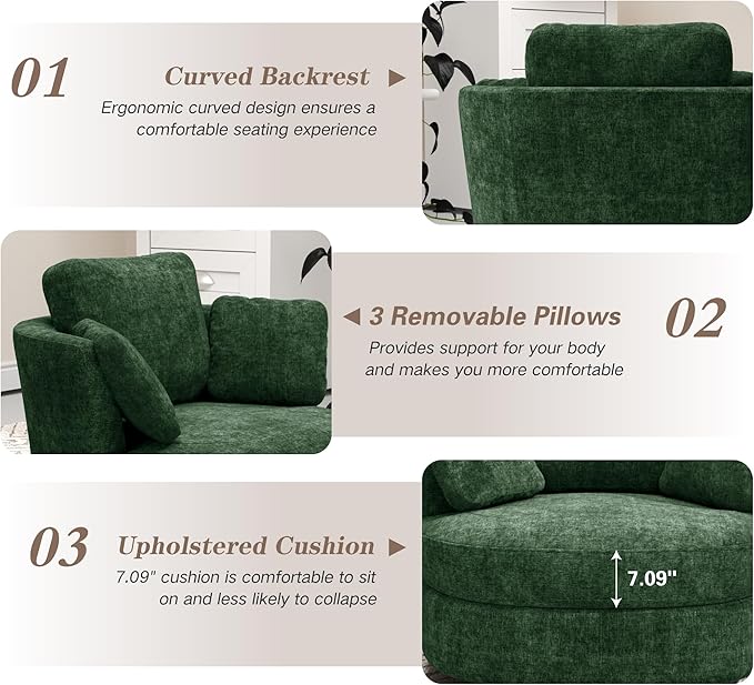 Mlmh &amp Kngwa Oversized Swivel Chair 40 inch Round Swivel Accent Chair with 3 Pillows Modern Barrel Chairs for Living Room Cozy Chenille Chairs for Reading Nook Bedroom Green