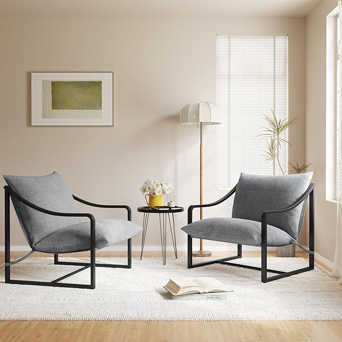 IDEALHOUSE Mid-Century Modern Sling Accent Chair Comfy Fabric Living Room Chairs with Heavy Duty Metal Frame Lounge Reading Armchair for Living Room Bedroom Easy Assembly Grey