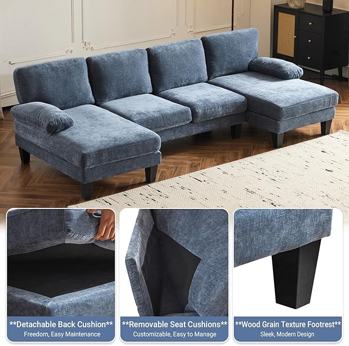 VINGLI 110 Sectional Couches for Living RoomU Shaped Couch with Double Chaise 4-Seat Sofa Set with Corduroy Fabric for Home FurnitureOcean Blue