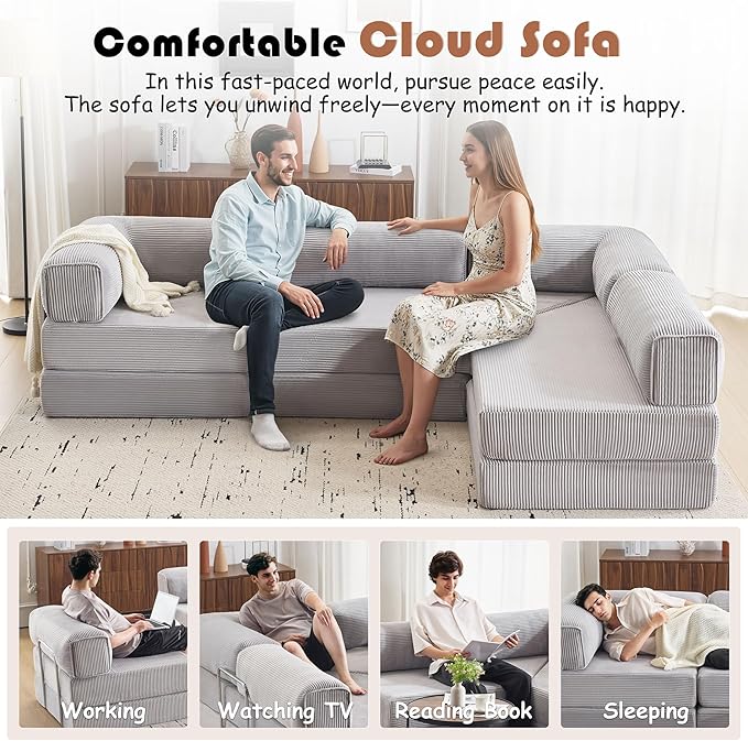 Modular Convertible Sofa Bed 106 L-Shaped with Reversible Chaise Corduroy Floor Sleeper Boneless Couch Folding Futon for Living Room Apartment Small Spaces No Assembly Required Grey