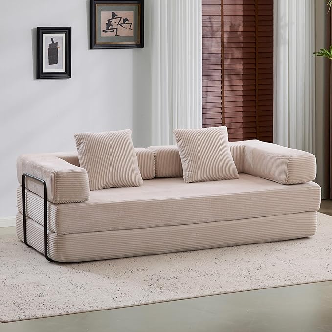 Convertible Couch Sofa Bed Foldable Floor Sleeper | Modern Fold Out Couch | Removable Backrest &amp Armrests | No Assembly Compression Sofa Sleeper for Living Room Bedroom | Corduroy Fabric Beige