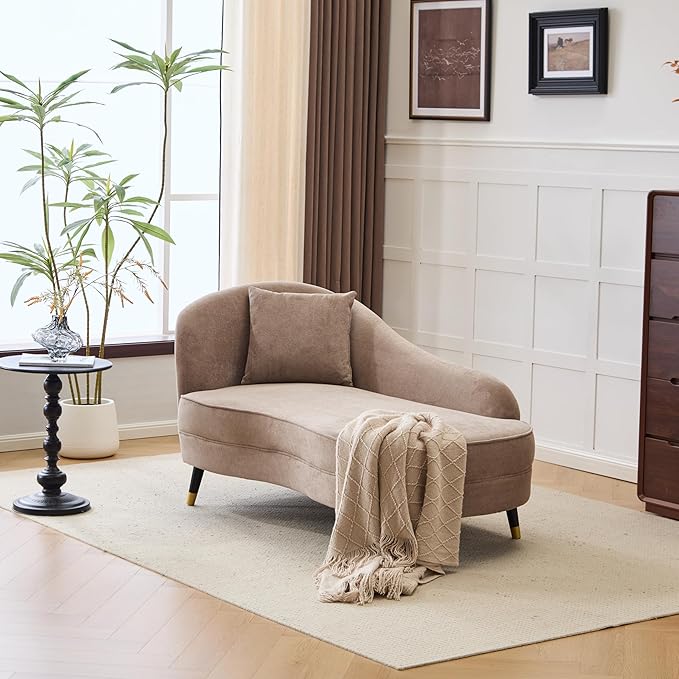 Christopher Knight Home Harlow Velvet Upholstered Chaise Lounge Chair Indoor Wooden Chaise Lounge Sofa with Accent Pillow Living Room Lounge Chair with Left Armrest Camel