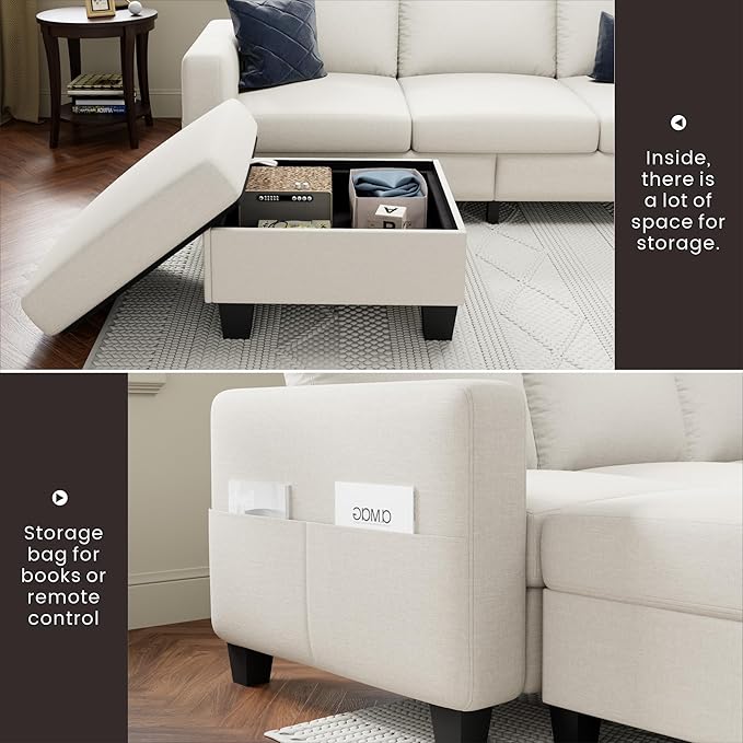 Youmumeub Sectional Couches for Living Room - Convertible Sofa and Storage Bench79''Modern Corner ConfigurationSuitable for Living Room Apartment Bedroom and Office-Beige