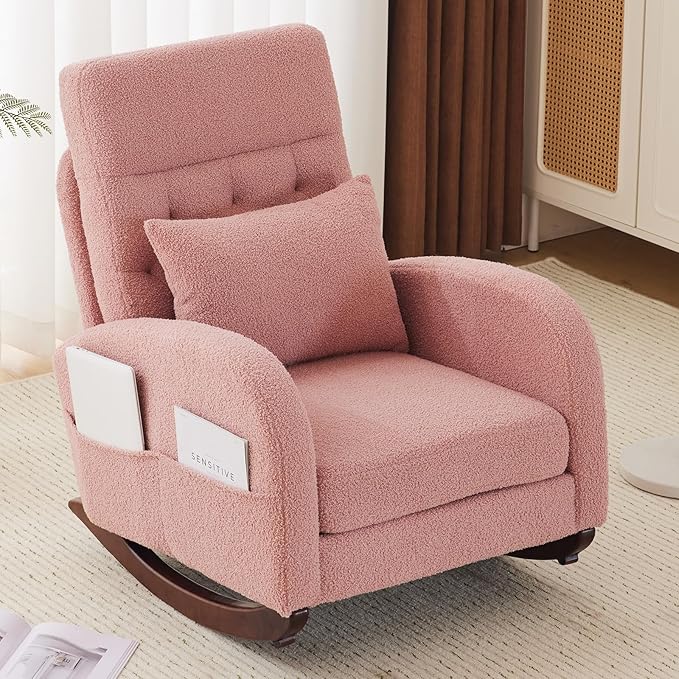 VINGLI Teddy Fleece Low Seat Rocking ChairBoucle Upholstered Nursery Glider Chair with Side PocketsAccent Arm Chair with High BackrestComfy Head RestSolid WoodFor Living Room Bedroom BalconyPink
