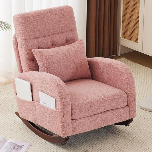VINGLI Teddy Fleece Low Seat Rocking ChairBoucle Upholstered Nursery Glider Chair with Side PocketsAccent Arm Chair with High BackrestComfy Head RestSolid WoodFor Living Room Bedroom BalconyPink