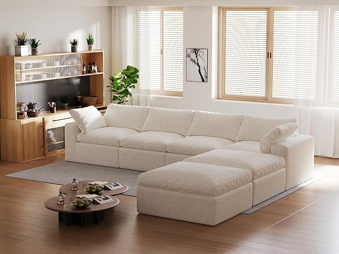140’’ Oversized Boneless Couch for Living Room Cloud Couch Modular Sectional Free Combination with Ottoman Washable Cushion Cover No Assembly Required White (4-Seat + 2 Ottoman)