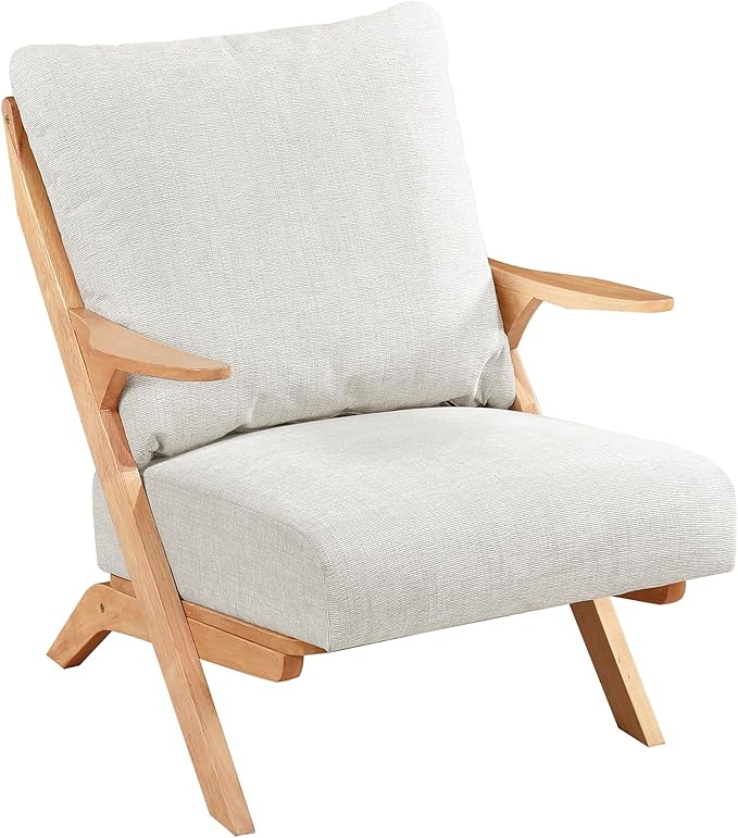 Lexicon Mid Century Modern Accent Chair Natural Finish Solid Rubberwood Frame Reversible Back Cushion Woven Chenille Upholstered Reading Chair for Living Room/Bedroom/Office Beige