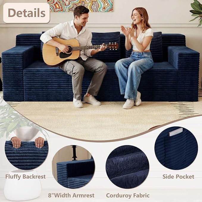 Boneless Couches for Living Room 71 Modern 3 Seater Sofa with Deep Seat Comfy Cloud Couch Sofa with Corduroy Fabric Memory Foam Floor Sofa with ArmrestsNo Assembly Required (Blue) | Deep Seat Co
