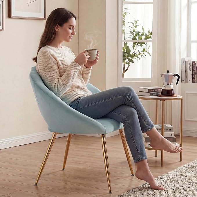 Modern Vanity Chair Living Room Chair with Gold Metal LegsVelvet Dining Chair Comfy Accent Chair for Makeup Room Waiting Room Dressing Room Bedroom Dining Room Home Office(Blue-green 1PCS)