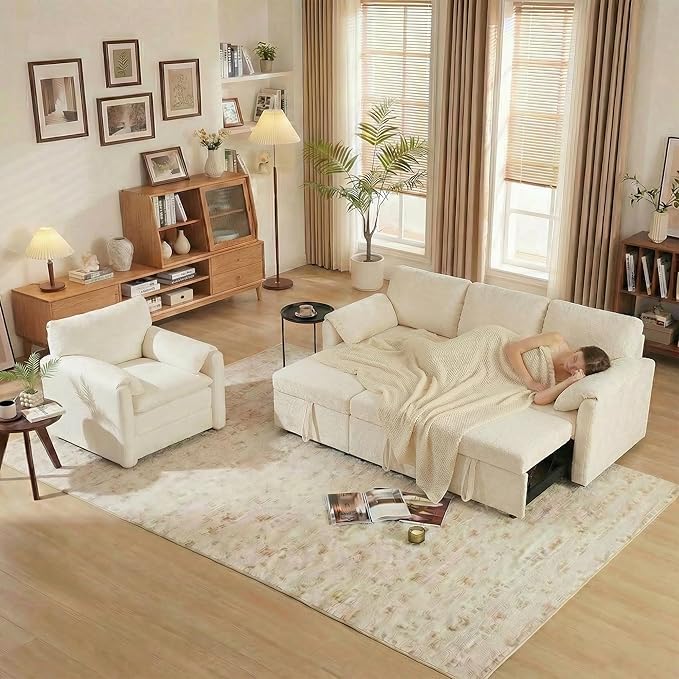 Tbfit Pull Out Sofa Bed with Chair 3 in 1 Sleeper Sofa Couch with USB &amp Storage Chaise Comfy Convertible Sleeper Sofas for Living Room Small Spaces White