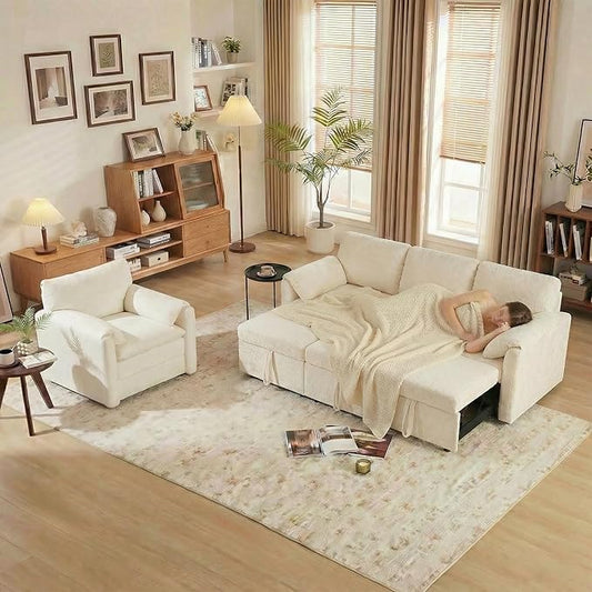 Tbfit Pull Out Sofa Bed with Chair 3 in 1 Sleeper Sofa Couch with USB &amp Storage Chaise Comfy Convertible Sleeper Sofas for Living Room Small Spaces White