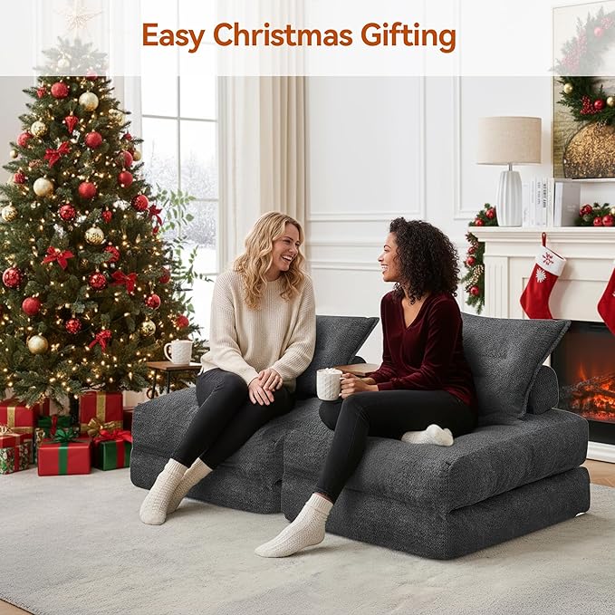 Folding Sofa Bed Fold Out Chair Bed with Pillow Convertible Sleeper Chair for Living Room/Guest Room Foldable Lazy Sofa Bed Floor Chair Comfy Teddy Velvet Couch Bed Grey