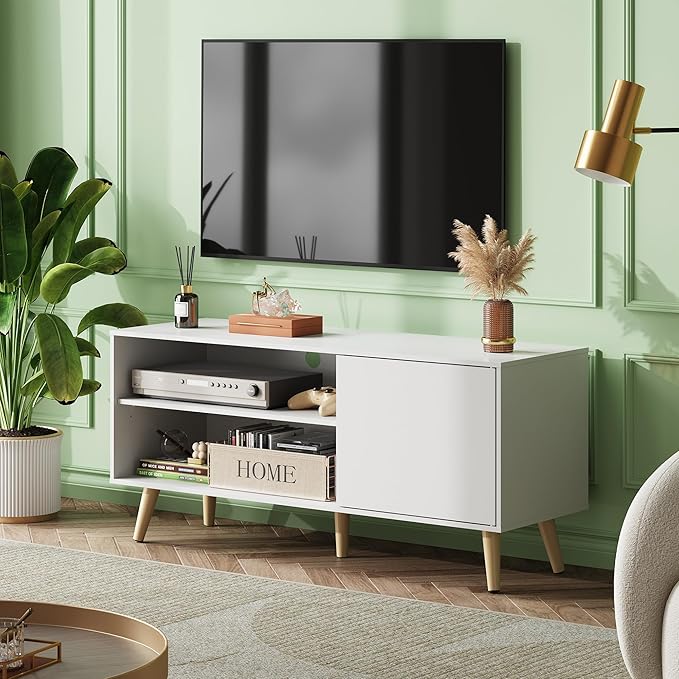 WLIVE TV Stand for 55 Inch TVs Entertainment Center with Storage Cabinet Mid-Century TV Stands for Living Room and Bedroom 50 TV Console White