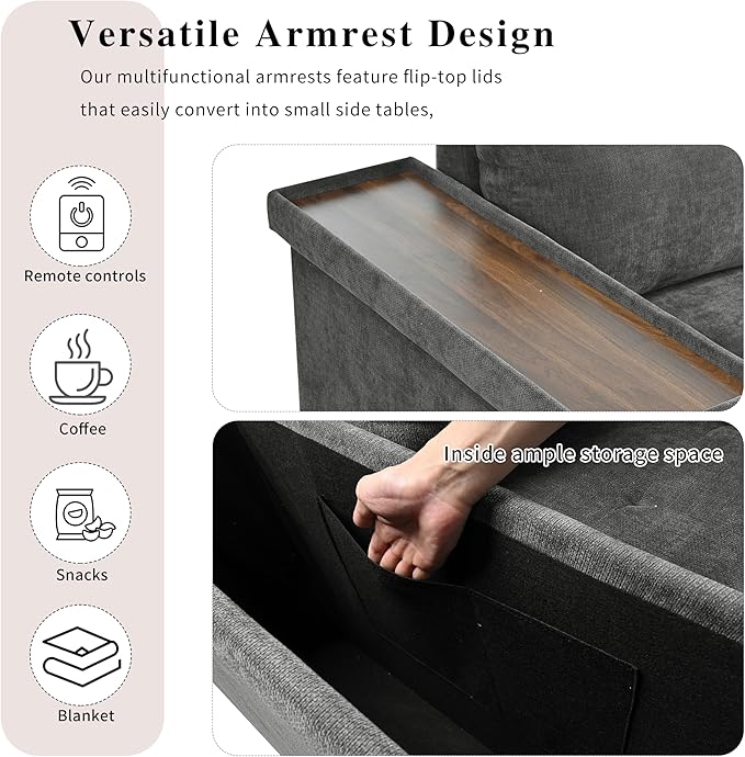 Modern 91.5-Inch L Shaped Sectional Sofa Couch Pull-out Sofa Bed Sleeper with Storage Ottoman and Wide Storage Armrest Polyester Convertible Corner Couch for Living Rooms Offices (Grey-9.8)