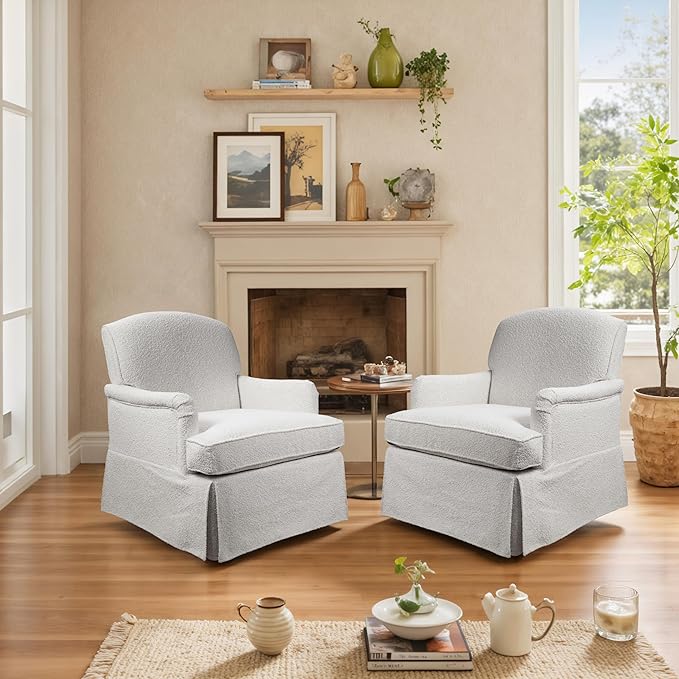 Art Leon Swivel Barrel Chairs Set of 2 - Modern Upholstered Swivel Barrel Chair Fabric Upholstered Accent Arm Chairs with Metal Base Modern Living Room Chairs Sofa Chairs for Bedroom White