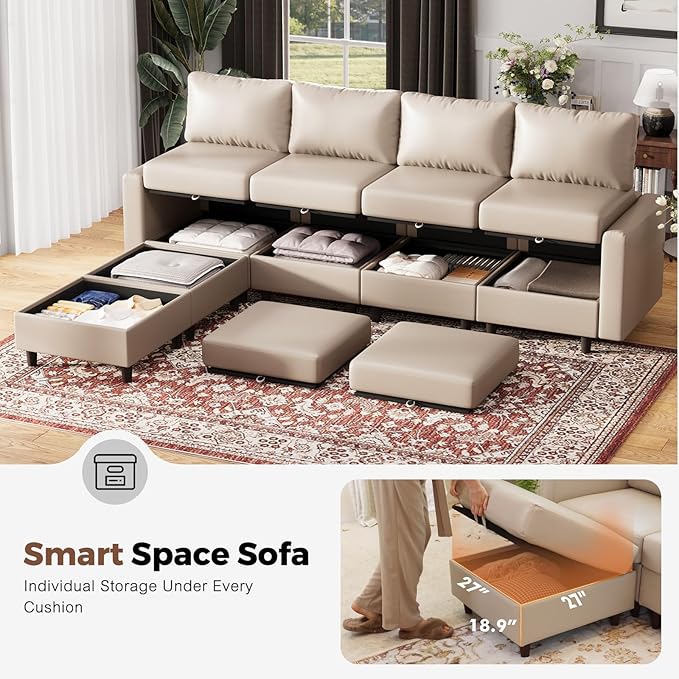 ABCASA 118.5 Oversized Modular Sectional Sofa Faux Leather 6 Seater U Shaped Couch with Movable Ottoman and Storage Seat with Reversible Chaise Deep Seat for Living Room Whitesand