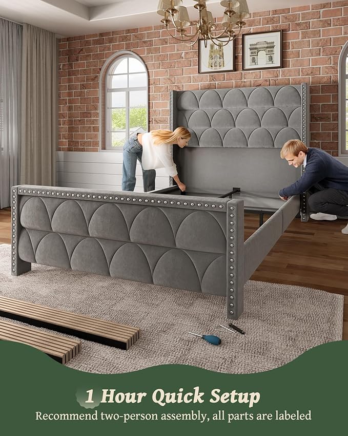 Queen Size Bed Frame with 56 Headboard - Velvet Upholstered Wingback Platform Bed Frame Noise Free Sturdy Wooden Slat Support (Deep Gray Queen)