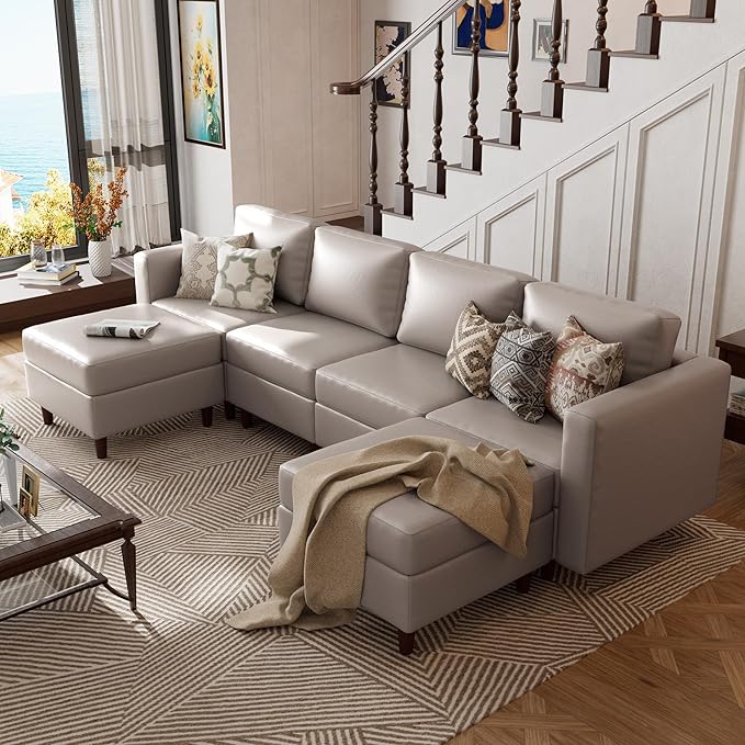 ABCASA Sofa Modular Sectional Faux Leather Sectional Sofa Module Whitesand