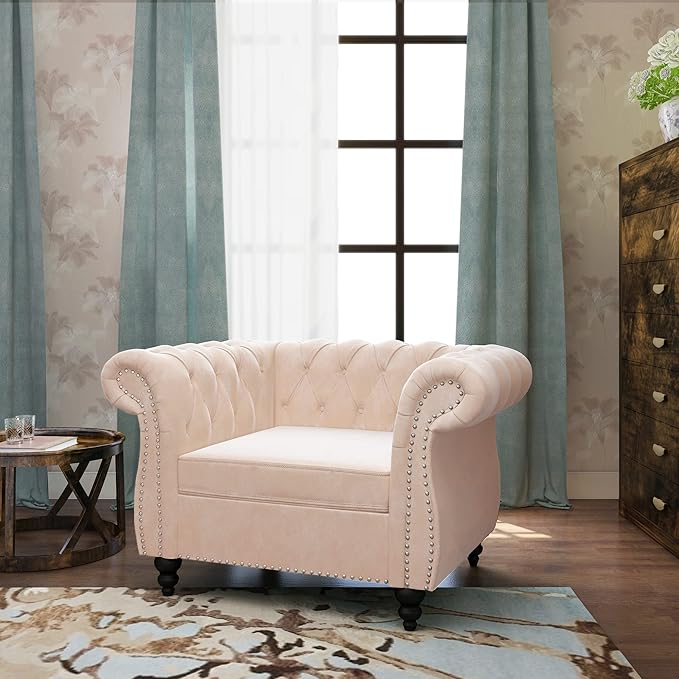 RARZOE Contemporary Velvet Chesterfield Chairs Chesterfield Velvet Club Chair Chesterfield Button Tufted Velvet Scrolled Arms Accent Chair with Nailhead Trim for Living Room Bedroom Office(Beige)
