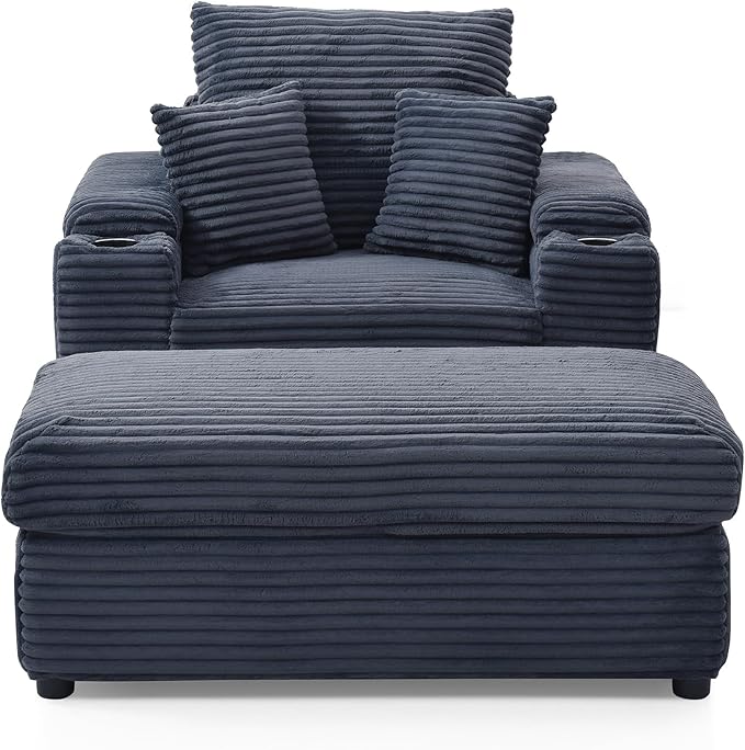 43.3 W Corduroy Chaise Lounge Chair with with Cup Holders &amp Storage Ottoman Comfy Sleeper Chair with 2 Pillow Extra Wide Armrests Modern Deep Seat Reading Armchair for Living Room (Gray)