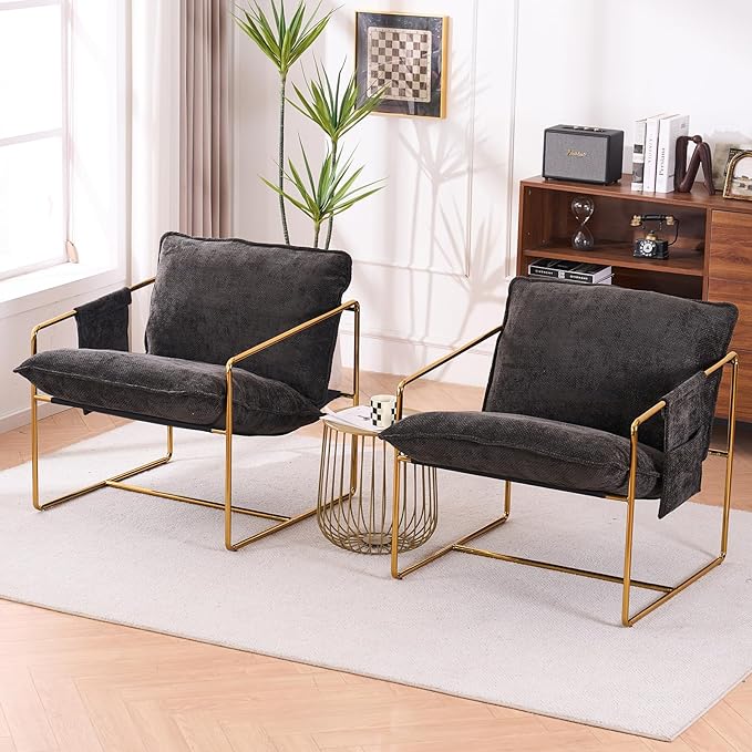 Modern Sling Accent Chairs Set of 2 Grey Chenille Fabric Living Room Chairs Set of 2 Reading Chair for Bedroom Corner Side Arm Chair Armchair Sillas para Sala Gold Metal Frame (Grey)