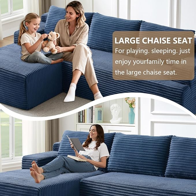 96.1 Modular Sectional Sofa Couches L-Shape Couch 3 Seat Modular Sofa Corduroy Memory Foam Sectional Boneless Couches for Living Room Cloud Couch with Oversized Chaise(Blue Left Facing)
