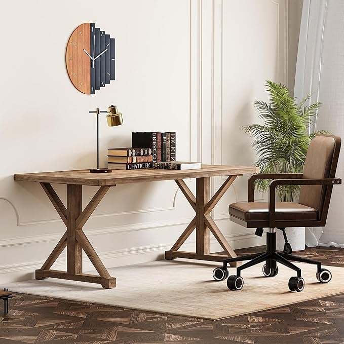 homary 70.9 Solid Wood Executive Desk Rustic Farmhouse Home Office Desk with X-Trestle Base Large Writing &amp Computer Table for Home Office Study or Dining Space