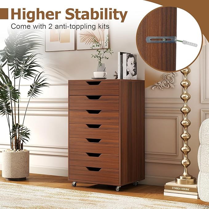 7 Drawer File Cabinet 34.5 Vertical Storage Drawer Cart Under Desk Office Organizer Wooden Printer Stand Rolling Filing Cabinet for Home Office (Walnut)