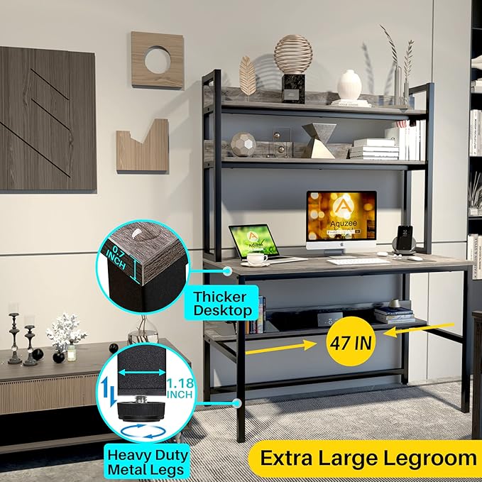 Aquzee Desk with Hutch Bookshelves Computer Desk with 3 Tiers Storage Shelves Space Saving Design Black Metal Legs Desk with Grey Board Easy Assemble