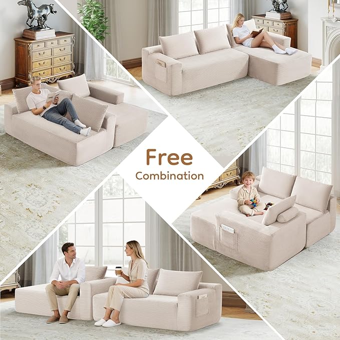 97 L Shaped Boneless Couches fo Living Room Modular Sectional Sofa White Corduroy Compression Couches for Small Spaces No Assembly Required (Right Facing Chaise)
