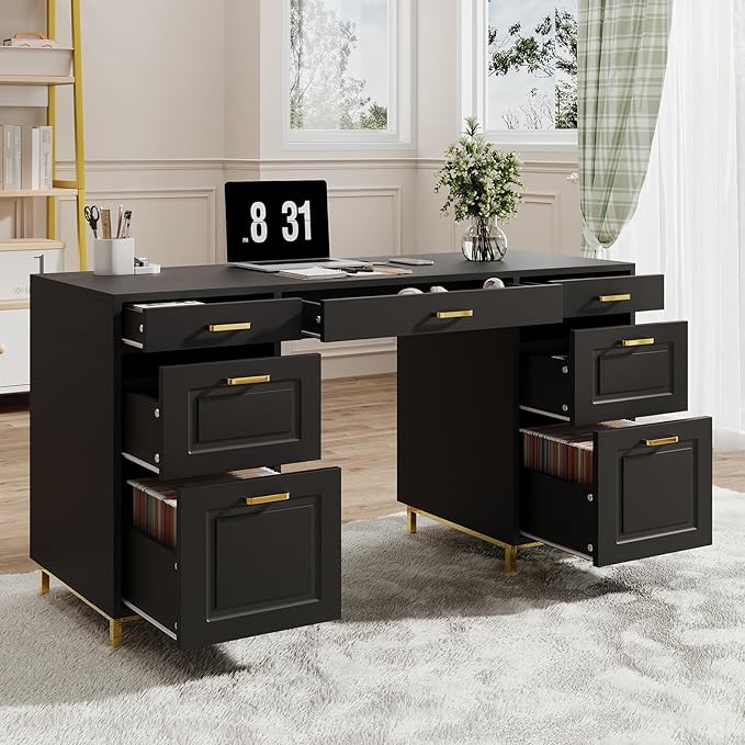 Black Desk with 7 Drawers 57 Executive Desk with Storage Black and Gold Desk for Home Office Makeup Vanity Desk with Golden Handle