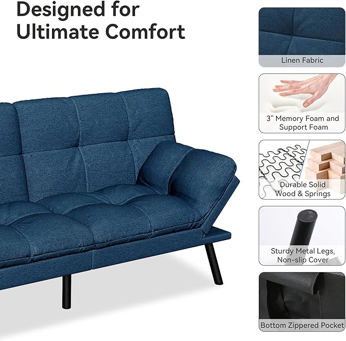 Vipbear 71 Convertible Futon Sofa BedLinen Fabric Futon Couch with Detachable CushionAdjustable Backrest &amp ArmrestModern Loveseat Sleeper Recliner for Living RoomOfficeApartmentRetro Blue