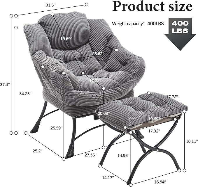 HOMEFUN Lazy Chair with Ottoman Bedroom Chairs for Adults Modern Lounge Accent Chair with Armrests Ergonomic Footrest for Small Spaces Comfy Reading Chair for Living Room Bedroom Office Grey