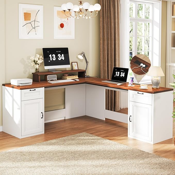 78 Farmhouse L Shaped Executive Desk with Drawers Modern Computer Desk with Power Outlets Office Writing Desk with Monitor Stand &amp Storage Cabinet Printer Shelf Antique White