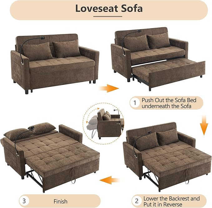 Anwick Modern 56.9 Convertible Sleeper Sofa Bed 3 in 1 Comfy Velvet Loveseat Sleeper Chair BedAdjustable BackrestTwo USB Ports and Phone HolderPull Out CouchLoveseatSectional Sofa Bed (Brown)
