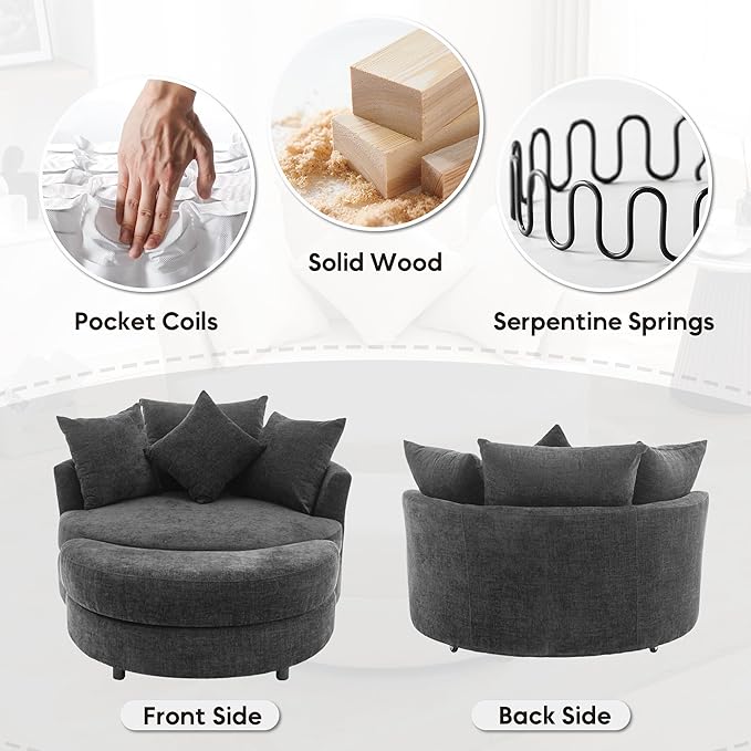 Yoglad Oversized Round Swivel Accent Chair - Modern 360 Degree Barrel Chairs with Storage Ottoman for Living Room Bedroom(Chenille- Gray)