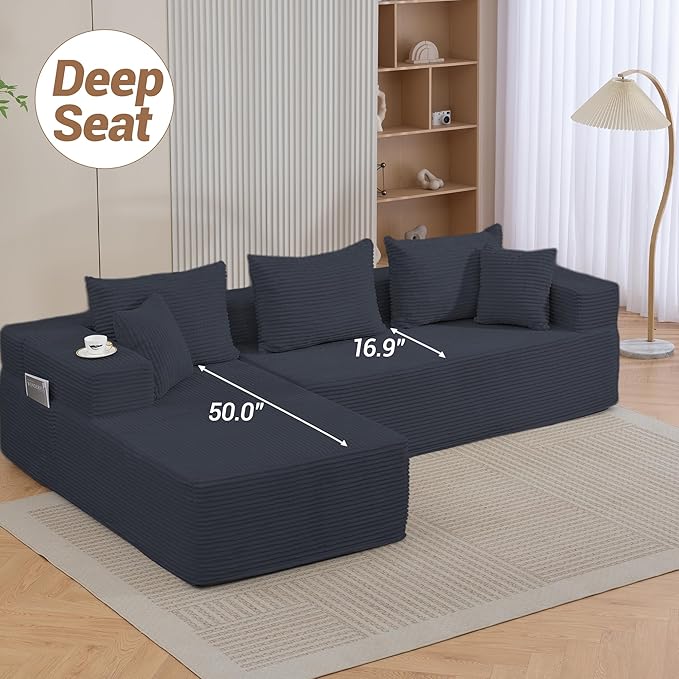 105'' Cloud Sectional Couch Modular L-Shaped Boneless Sectional Sofa Corduroy Deep Seat Couch Small Space Sofas for Living Room Bedroom Apartment No Assembly Black | Breathable material