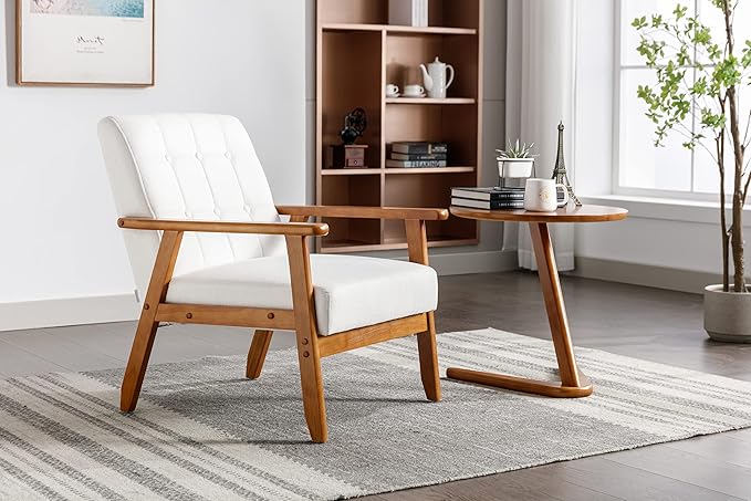 Leisure Chair with Solid Wood Armrest and Feet Mid-Century Modern Accent Chair for Living Room Bedroom Studio Chair