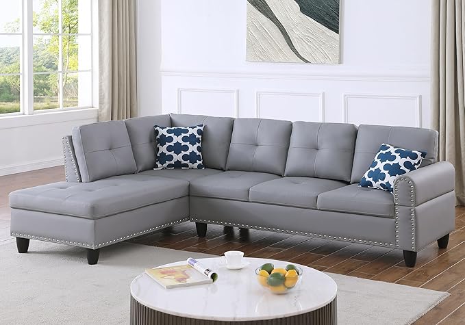 Ball &amp Cast 98 L Shaped Sectional Couch for Living Room4 Seat Faux Leather Upholstered Modular Sectional Sofa Set 2 PCS with ChaiseNailhead TrimCup HoldersCoffee Table and 2 Pillows for Home