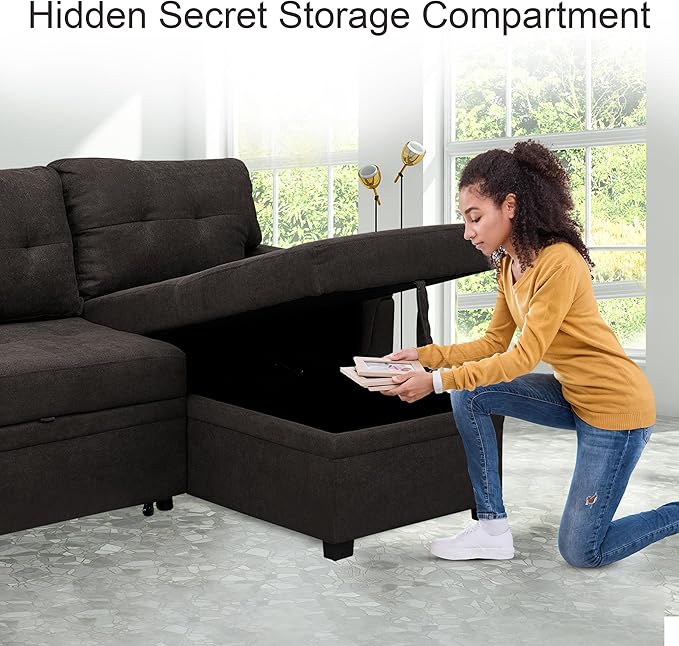 Naomi Home L Shaped Sectional Couch with Storage &amp Pull Out Bed – 3-in-1 Convertible Sleeper Sofa Bed Small L Shape Sofa for Living Room Sofa Bed with Storage Chaise in Espresso Velvet