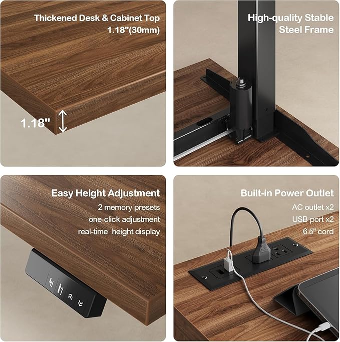 Electric Standing Desk with 2-Drawer File Cabinet Adjustable Height Executive Desk Home Office Workstation with A Engineered Wood 1.18 Solid Desktop Built-in Outlets Black Walnut
