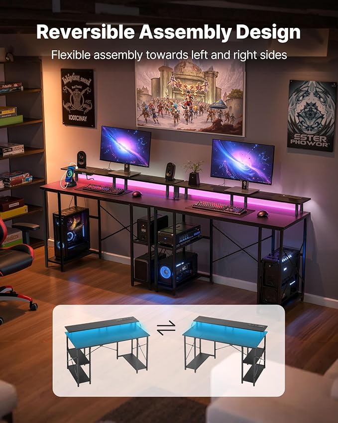 VEVOR 47 Gaming Desk with LED Lights &amp Power Outlets Computer Desk with Monitor Stand &amp 2-Tier Storage Sheves Study Work for Home Office Black